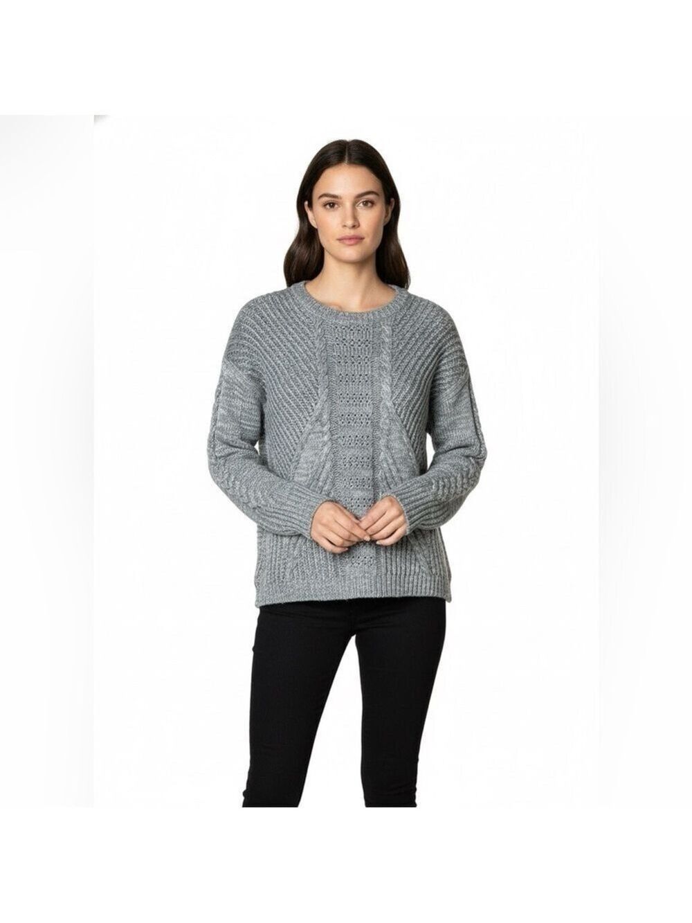 DUFFY 100% Merino Wool Grey Chunky Cable Knit Long Sleeve Crew Neck Sweater Sz S